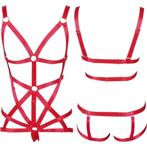 Red Body Harness Bra for Women Strappy Tops Hollow Out Sexy Lingerie Set Plus Size Elastic Adjust Punk Goth Club Dance Rave