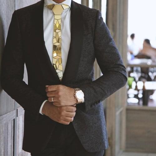 Fashion Slim Diamond Bling Mirror Wedding Party Tie Soft Silk Satin Plain Plaid Men Walnut Wood Necktie