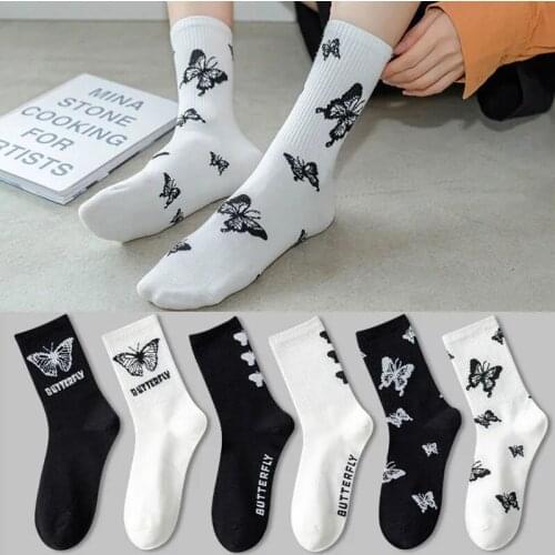 Butterfly Black And White Two-Color Cotton Breathable Stretch Tube Socks Spring And Summer Thin Style College Style Couple Socks