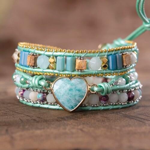Faceted Amazonite Heart Love Wrap Bracelets Imperial Natural Stones Beaded Metal Chain Bangles