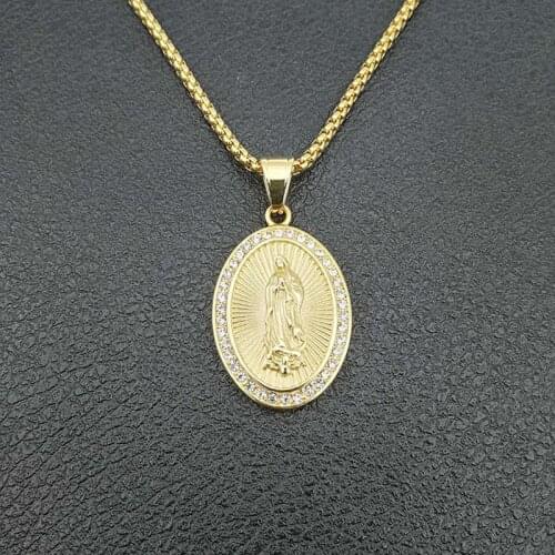 Hip Hop Rhinestones Paved Bling Iced Out Gold Stainless Steel Virgin Mary Round Pendants Necklace for Men Jewelry