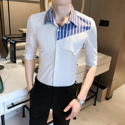 Personality Patchwork Design Striped Shirts For Men 2021 Summer Half Sleeve Men Tuxedo Shirt Slim Fit Casual Blouse Mens Clothes