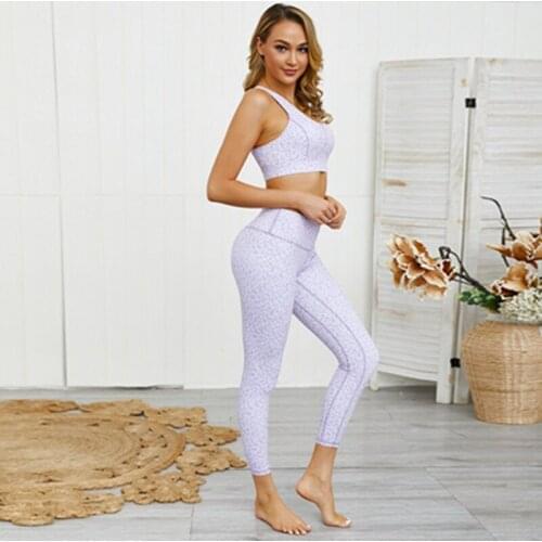 Sexy Printed Yoga Set Women Gym Running Clothing Purple Leopard Workout Training Sport Suit High Waist Yoga Leggings Sportswear