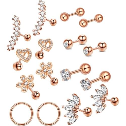 2pcs 16G Cartilage Earrings Studs for Women Surgical Stainless Steel Helix Tragus Couch Hoop Piercing Earrings Set Opal Shiny CZ