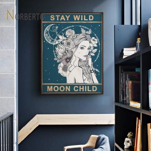 Modern Canvas Painting Poster Drawing Pictures Abstract Beautiful Women Mooon Child Stay Wild for Home Room Gallery Wall Decorat
