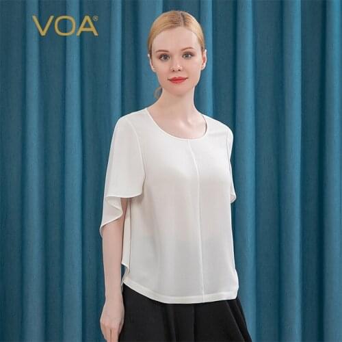 VOA Original Design White Woman Tshirts Round Neck Shawl-style Ruffled Five-point Sleeves Loose 30m/m Thick Silk T-shirt BE199