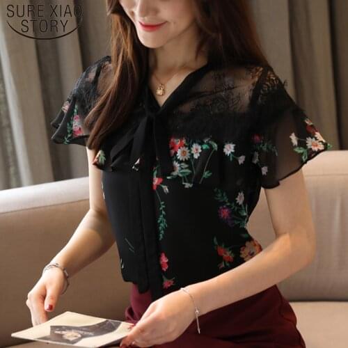 Korean Fashion Clothing Summer Short Sleeve V-neck Blouse Blusas Mujer De Moda 2021 Chiffon Blouse Print Floral Blouse 4722 50