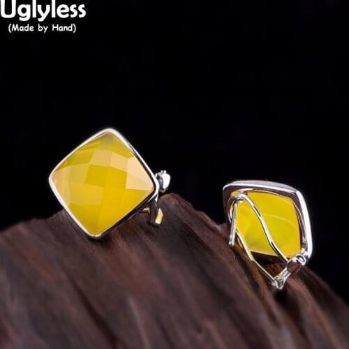 Uglyless Lemon Yellow Faceted Chalcedony Studs Earrings for Women Real 925 Silver Square Earrings Semi-precious Stones Brincos