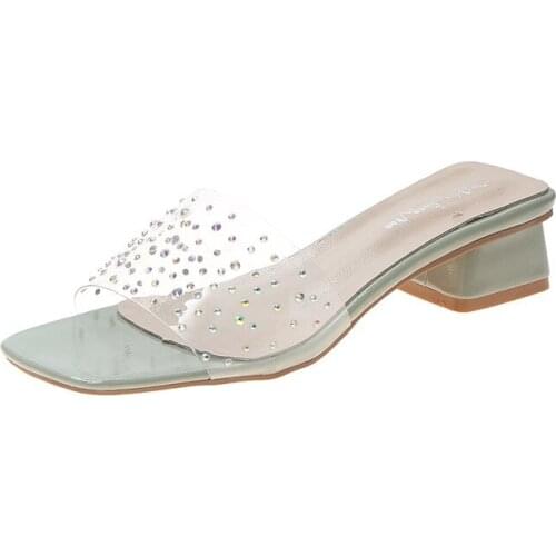 Slippers women 2019 Summer New Crystal Mid Heels Square Heel Solid Outdoor Ladies Slipper Casual thick Heel Slides