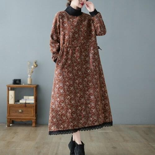 Uego 2020 New Arrival Turtleneck Thicken Fleece Warm Autumn Winter Dress Print Floral Women Dress Plus Size Female Casual Dress