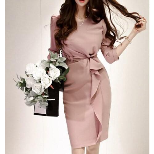 2019 New Summer Women Pink Three Quarter Sleeve O Neck Ruffles Pencil Dress Elegant Party Dress Elegant Bandage Bodycon Dresses
