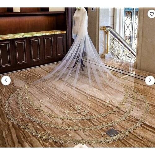 Gold Lace Veil,Appliqued Veil,Long Wedding Veil,Gold Veil,Three Meters Veil,Cathedral Veil,Bridal Veil,Veil With Comb,Two Layers
