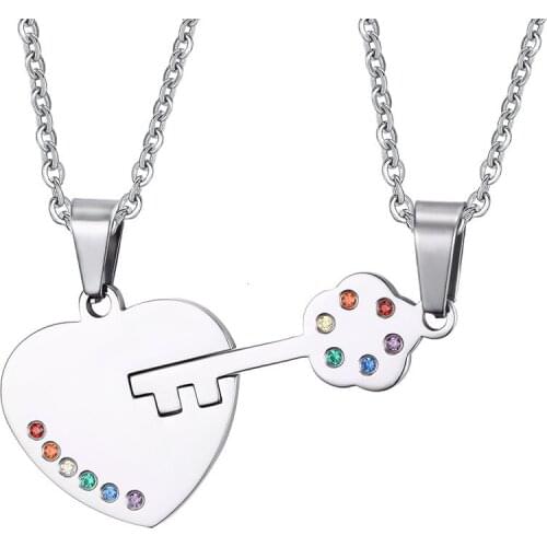 1 Pair Necklaces Lock & Key Symbol Couple Pendents Rainbow Rhinestone LGBT Jewelry For Women and Men Stainless Steel Friend Gift