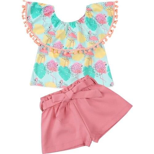 2021-04-08 Lioraitiin 0-5Years 2Pcs Toddler Summer Streetwear Flamingo Print Ruffled Collar Tops Solid Shorts for Baby Girls