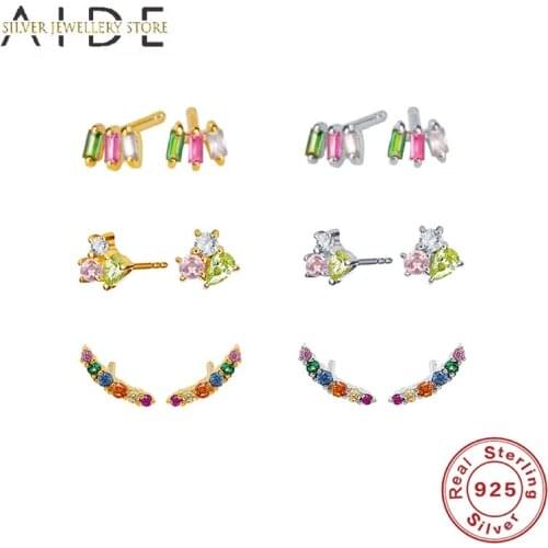 AIDE Exquisite Colorful Zircon Stud Earrings for Women Cute Rainbow Color Geometric Pierced Earings Silver 925 Jewelry kolczyki