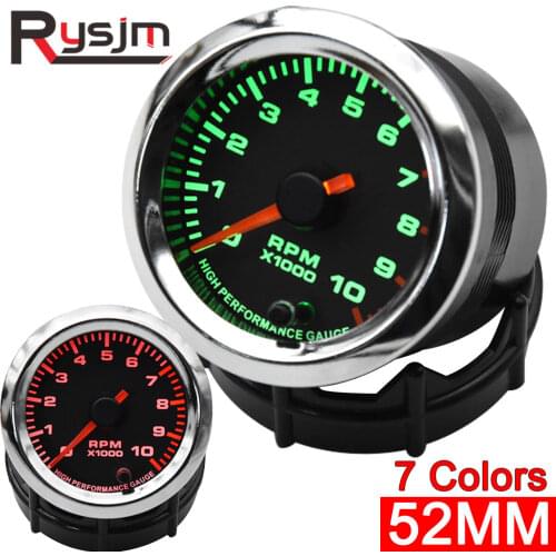 Car Gauge 2" 52mm Tachometer Chrome for 7 LED Colors Adjustable 12V 0-10000 RPM Meter for Motorcycle tacho Shift-Light + Holder