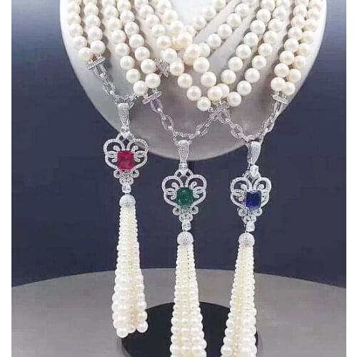 Free shipping Jewelry 2strands 8-9 mm natural south sea white pearl necklace 17 " 18 "micro inlay zircon pendant