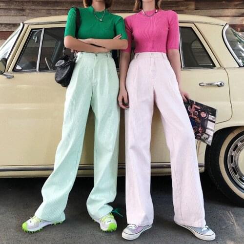 Striped Pants Womens Vertical Stripes Full Length Straight Sweet Harajuku Pants High Quality High Waist Loose Cotton Trousers