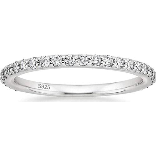 EAMTI 2mm 925 Sterling Silver Ring for Women Wedding Band Cubic Zirconia Full Eternity Stackable Engagement Ring Size 3-13