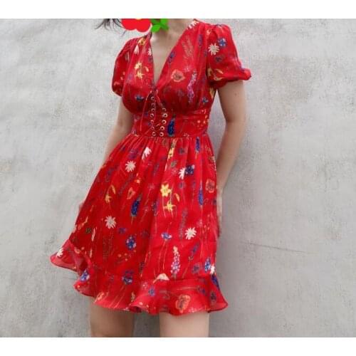 [ElfStyle] - Red Floral Print V-neck Lace-up Front Mini dress Short SLEEVES Elastic Cuffs Ruffled Hem Short Elegant dress
