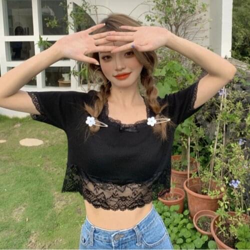 Lace Up Sweet Style Bow Y2k Top Square Collar Tees Summer Korean Fashion Clothes T Shirts for Women Black White Tees New