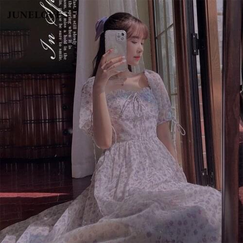 JuneLove 2021 Summer Design Chiffon Dress Sweet Elegant Floral Midi Dress Square Collar Lace-up Party Dress Korean Boho Vestidos