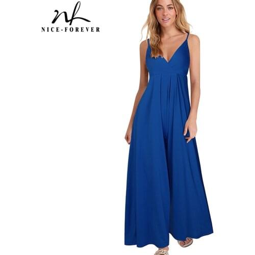 Nice-forever Casual Sexy V Neck Empire Loose Playsuits Summer Solid Color Women Jumpsuits Romper 357