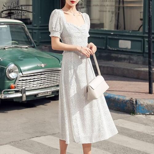 Summer Dress Split Midi Long Dress Elegant Woman Party Dress Polka Dot Dress High Waist Fashion Square Collar Dress 13278