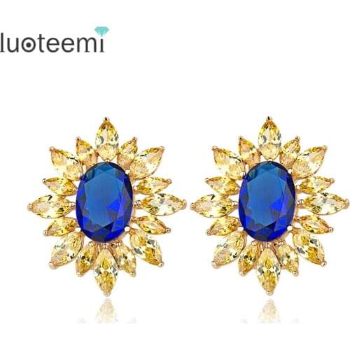 LUOTEEMI Luxury Sparkling Big Oval Cut CZ Earrings for Women High Quality Handmade Birthday Gift Jewelry Champagne Gold-Color