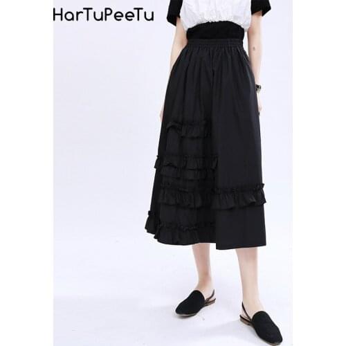 Layered Ruffles Black White Midi Skirt Women High Waist Korean Skirts Elegant Stylish Summer a Line Plus Size Casual Solid