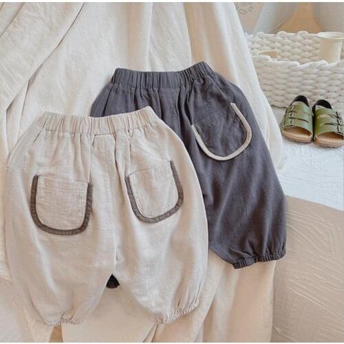 2021 new girls boys plaid long pants cotton linen summer cool kids pants