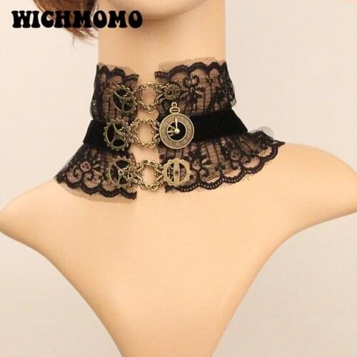 Retro Gothic Punk Mechanical Gears Black Wide Lace Choker Necklace Womens Fashion Halloween Jewelry Gifts FY-150