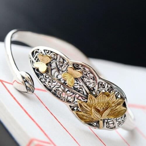Retro Thai Silver Wholesale Handmade Silver Open Ended Bangle S925 Sterling Silver Lotus Women Silver Bangle