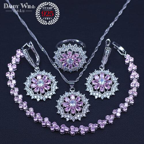Silver color Women Bridal Jewelry Sets Pink Zircon Necklaces Pendants Ring Earrings Bracelets With Stones Set of Jewelery