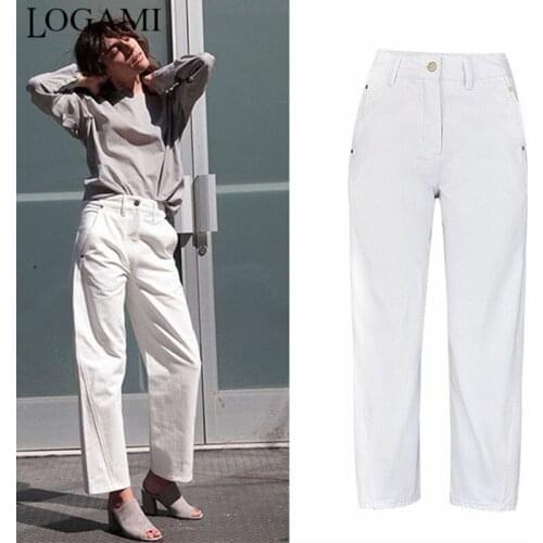 LOGAMI White High Waist Patchwork Jeans WomenS Boyfriend Straight Womens Jeans Spring Summer Denim Pants