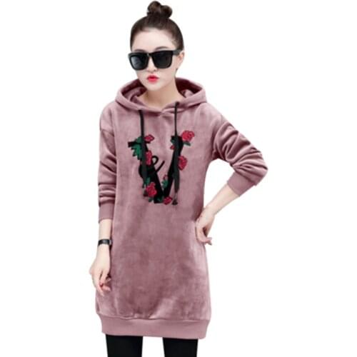 Womens Spring Autumn New Dress Casual Solid Hooded Female Coat Medium Long Gold Velvet Printed Hooded Pullover Top Q54