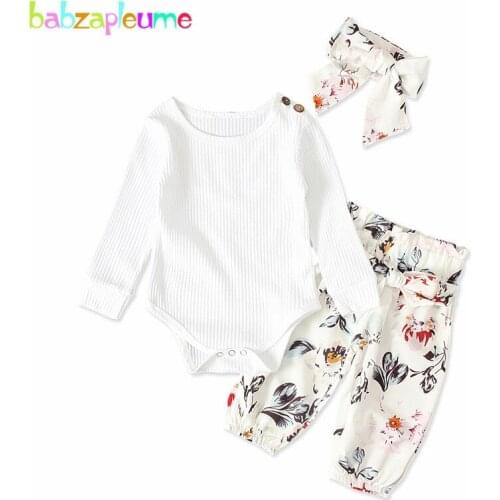 3Piece/2020 Spring Baby Girls Outfits Cute White Cotton Long Sleeve Jumpsuit+Flowers Pants+Headband Newborn Clothing Sets BC1023