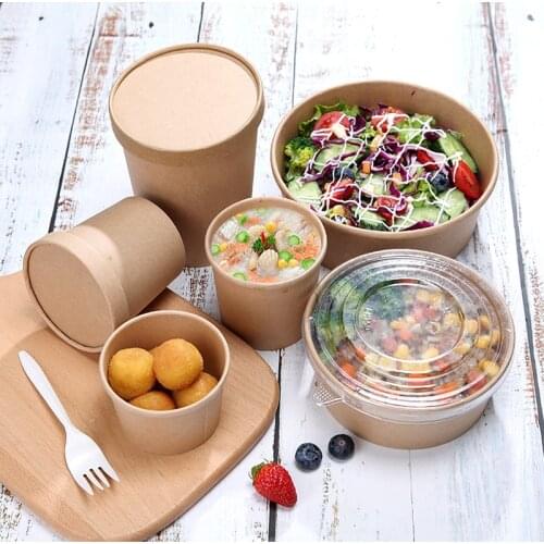 50pcs/pack Thick Paper Bowl Disposable Fast Food Package Takeaway Box With Lid