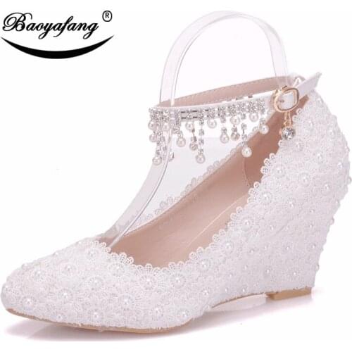 BaoYaFang 2018 New White Flower women shoes High heel Wedges Wedding shoes for woman Ladies Party dress shoe ankle strap shoes