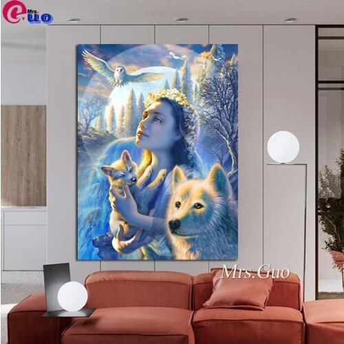 DIY Diamond Painting Cross Stitch Spirit Of The Mountain Full Square Handmade Diamond Embroidery Wolf & Woman Eagle Decor Gift