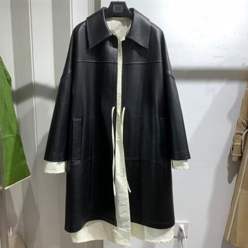 Long Ladies Leather Coat Women Real Sheepskin Outwear Cotton Lining