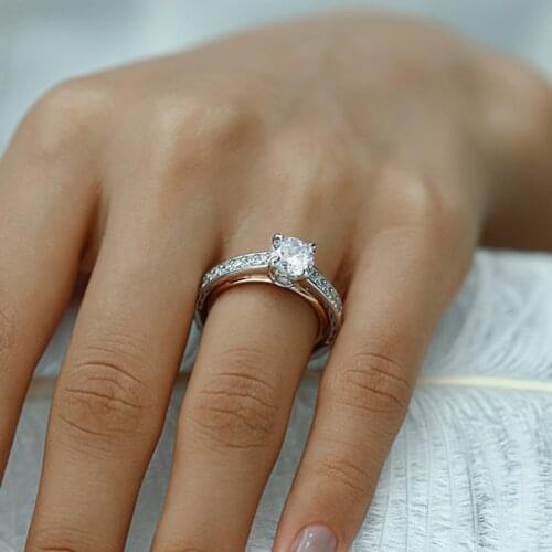 Classic Female White Crystal Stone Ring Rose Gold Silver Color Cross Wedding Rings For Women Dainty Round Zircon Engagement Ring