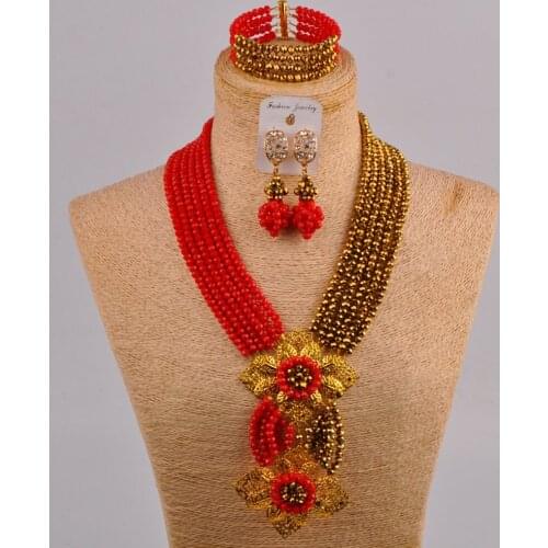 Fashion Opaque Red Gold Plated crystal necklaces set costume jewelry nigerian wedding african beads jewelry set 6CHL