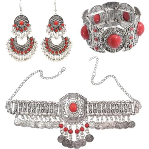 Gypsy Necklace Bracelet Earring Sets for Women Boho Hippie Coin Tassel Red Blue Stone Turkish Tribal Jewelry Set Party Gift