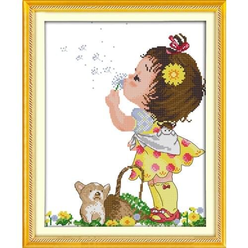 Dandelion girl cross stitch kit aida 14ct 11ct count printed canvas stitches embroidery DIY handmade needlework