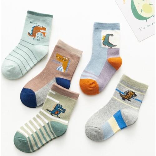 New 5 Pairs/lot Childrens Socks Spring Autumn Cotton Kids Socks Baby Boys Girls Cartoon Dinosaur Socks Stripe Sports Socks