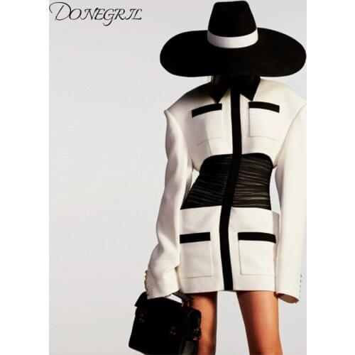 2020 Newest Black white Stylish Designer Dress Womens Extra Shoulder Pockets Color Block Smocked Waist Patchwork Mini Dress