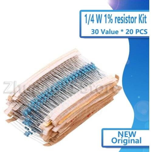 NEW 600 Pcs 30 Tipos Cada Valor de Metal pacote Resistor Filme 1/4 W 1% resistor assorted Kit Set 14-21
