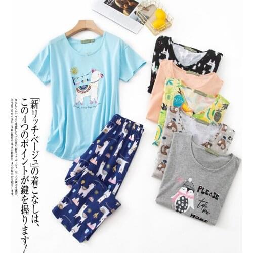 Summer Short Sleeve Pajamas Cartoon Cute Sleepwear Cotton V-Neck Lounge Wear Calf-Length Pants 2 Piece Sets Plus Size for 120kg