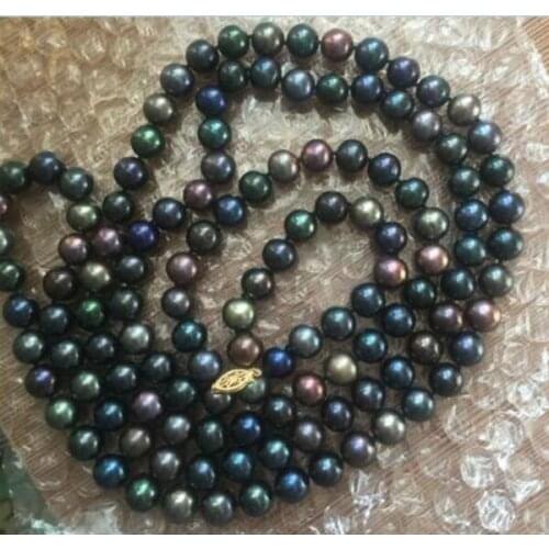 Stunning 9-10mm Tahitian round black green multicolor pearl necklace 38"14k